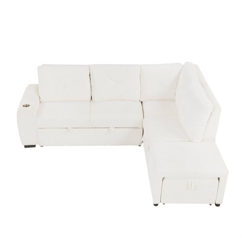 94" Creamy White Corduroy Sectional Pull-out Sofa Bed with Ottoman, Stool, Storage, Cup Holder & USB Ports