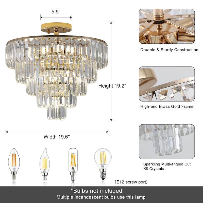 5-Tier Round Semi Flush Mount Crystal Chandeliers for Living Room