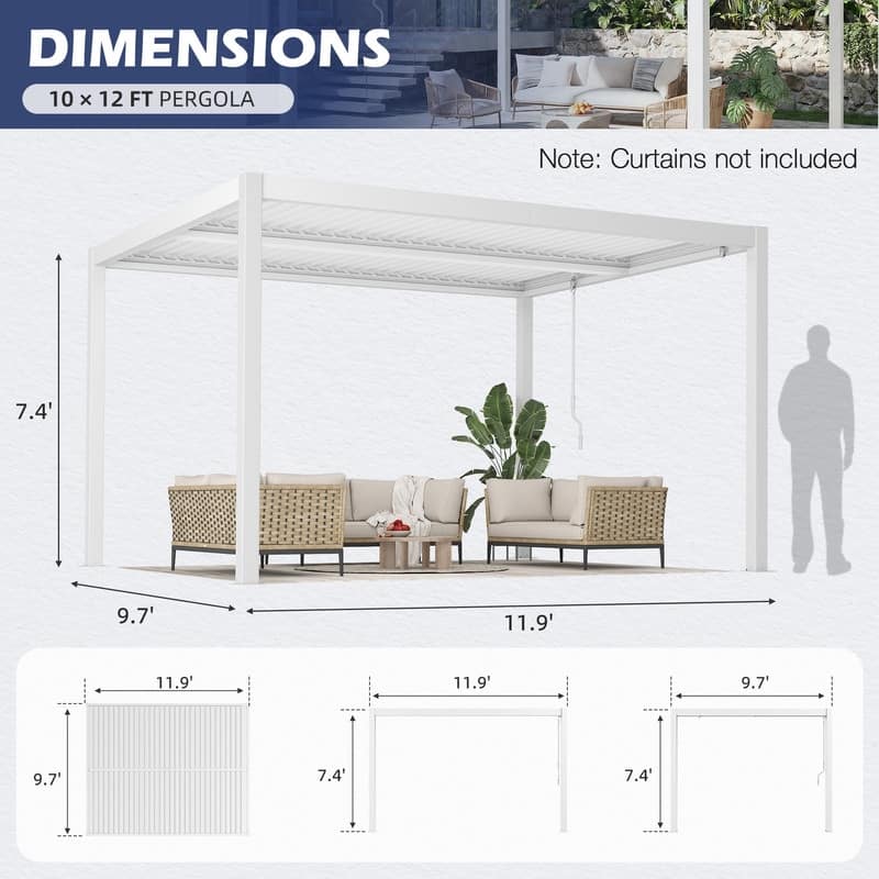 10x12FT Outdoor Pergola with Adjustable Louvered Roof & Integrated Drainage, Heavy-Duty Metal Louvered Pergola for Patios