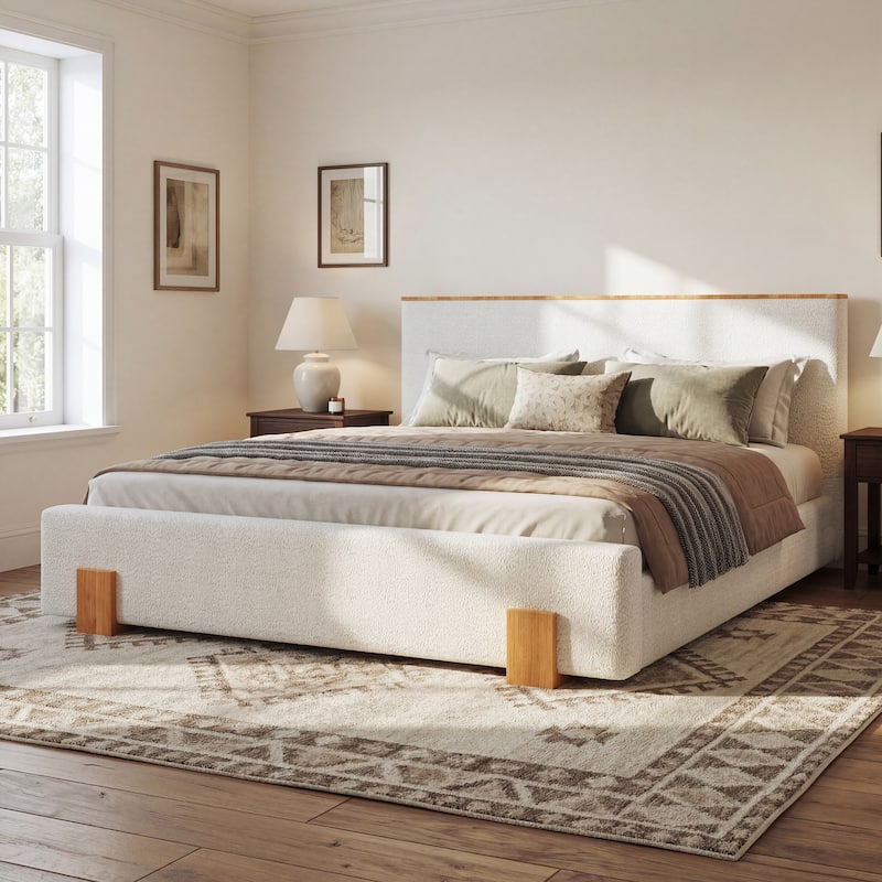 Christopher Knight Home - Verdes Modern Soft Boucle Upholstered Platform Bed with Solid Wood Legs, Trim & Padded Headboard - Light Brown+White - King