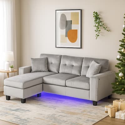 Renza 74 Inch Reversible Sectional Sofa w Chaise, LED USB, Gray Velvet