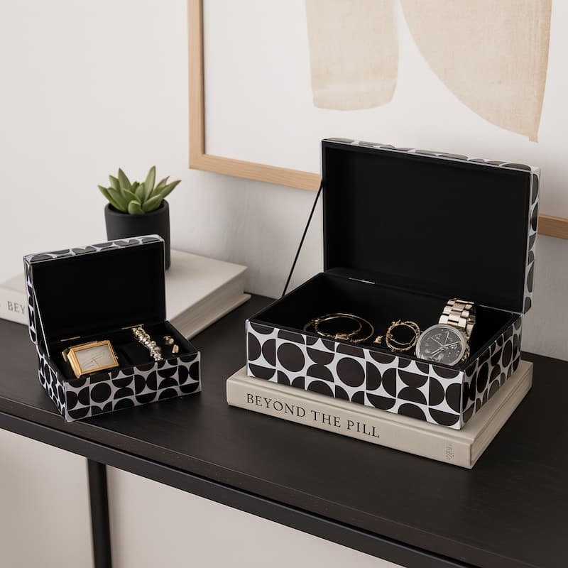 Decorative Abstract Pattern Box with Lid - Set of 2, 11", Black - 11.0"