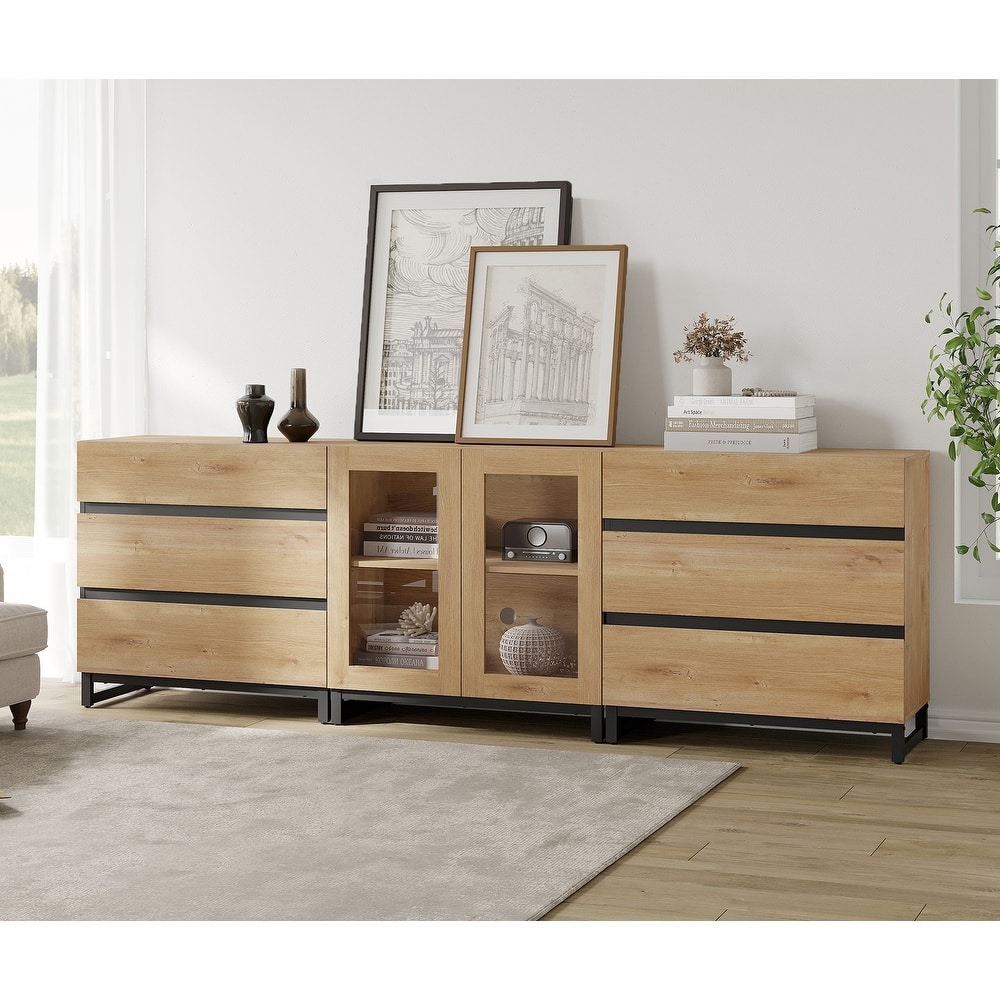 WAMPAT 3 in 1 Multifunctional Dresser with Glass Doors and 6 Drawers, Modern Chest of Drawers for Bedroom