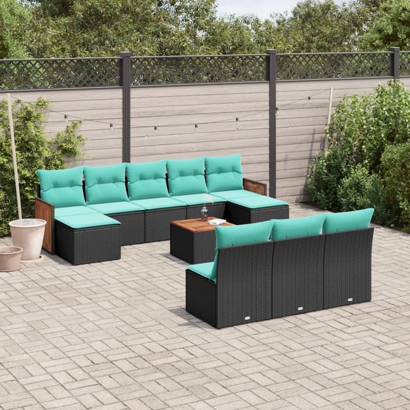 vidaXL 10 Piece Patio Sofa Set with Cushions Black Poly Rattan - 21.7x27.2x24.4-With table