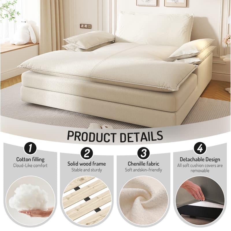Oversized Double Chaise Lounge Chair, Upholstered Chenille Reading Chair with Large Pillows & Wide Armrests