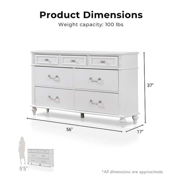 Furniture of America Marais Transitional White 56-inh Wide Solid Wood 7-Drawer Dresser
