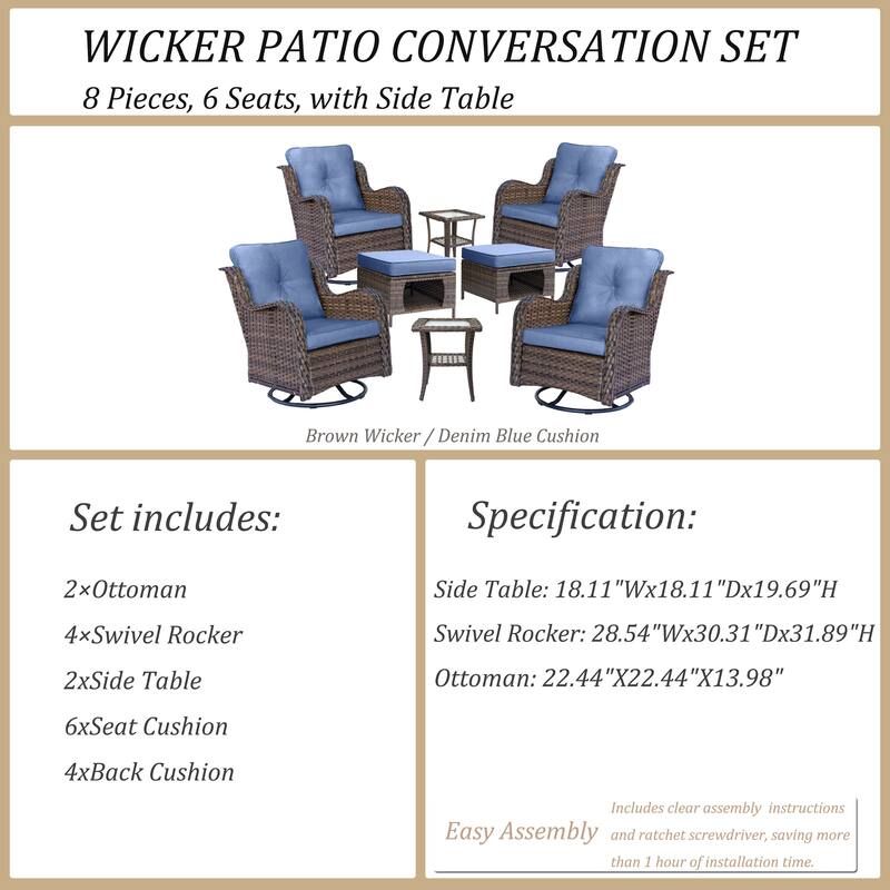 8 Piece Outdoor Patio Swivel Glider Chairs Ottoman Set with Side Table