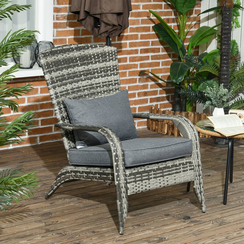 Outdoor Wicker Adirondack Chair, Patio Fire Pit Chair with Soft Cushions, Tall Curved Backrest & Armrests