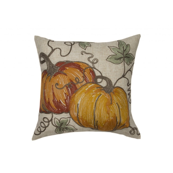14" X 14" Green and Orange Thanksgiving Pumpkin Linen Blend Zippered Pillow With Embroidery