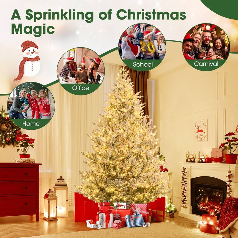 Costway 6/7/8 FT Artificial Christmas Tree with 762/1074/1470 Flocked - See Details - White & Green