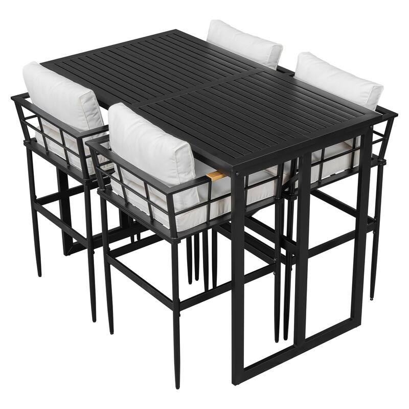 Outdoor Patio Metal Dining Set with Acacia Wood Armrest Suitable for Patio, Balcony or Backyard