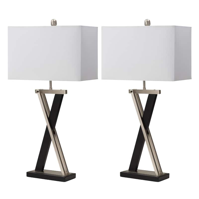 Black Metal Coastal Table Lamp Set of 2 with White Linen Shades and 3 Way Switch - 15” x 8” x 28.5” (D x W x H) - Black-White