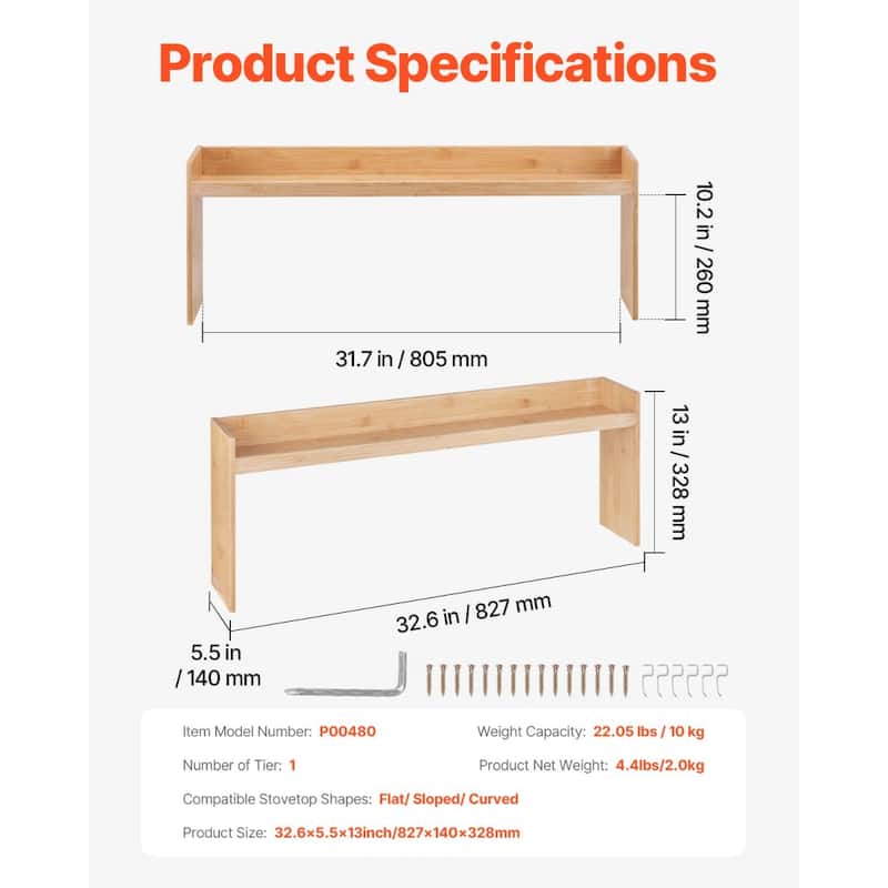 Natural Wicker Over-Stove Spice Shelf with Hooks and Moisture-Resistant Finish - 32.6x5.5x13 inch