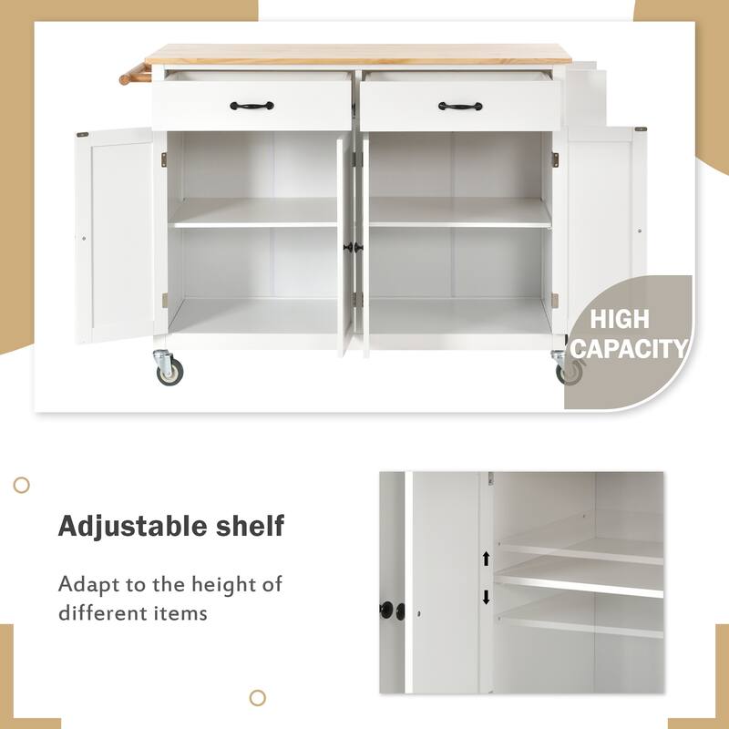 Kitchen Island Cart with Solid Wood Top, 4 Door Cabinet, 2 Drawers, Spice & Towel Rack, Locking Wheels, 54.3" - White