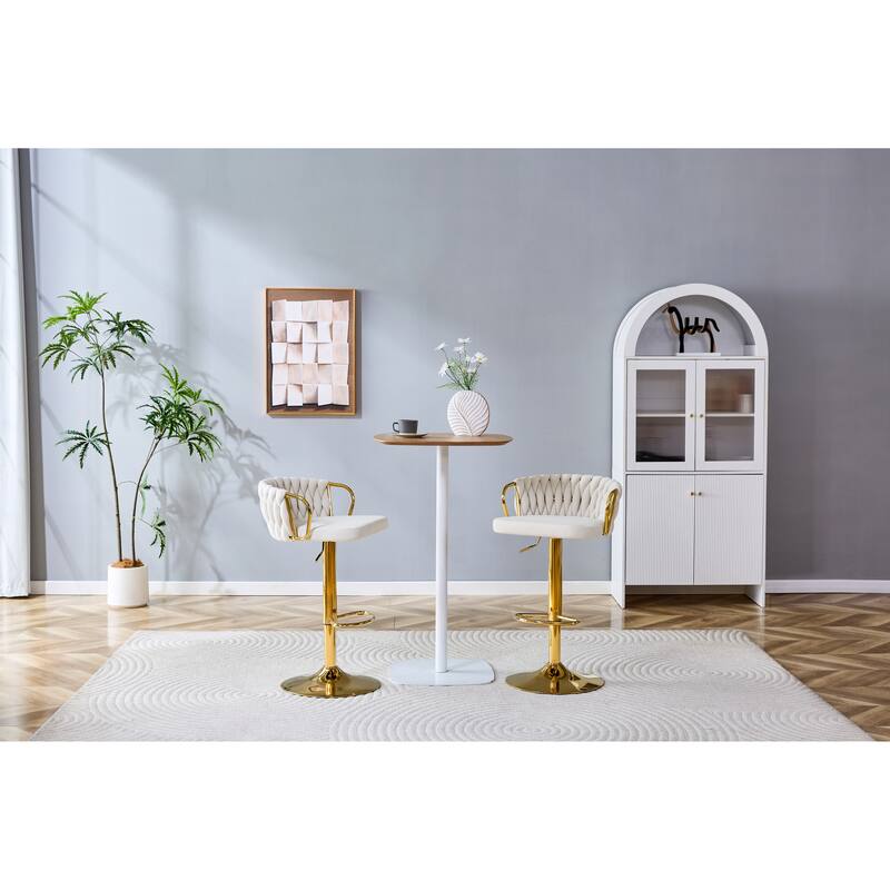 Set of 2 Modern Luxury Velvet Braided Bar Stool with Adjustable Height, Metal Base & Woven Rope Backrest