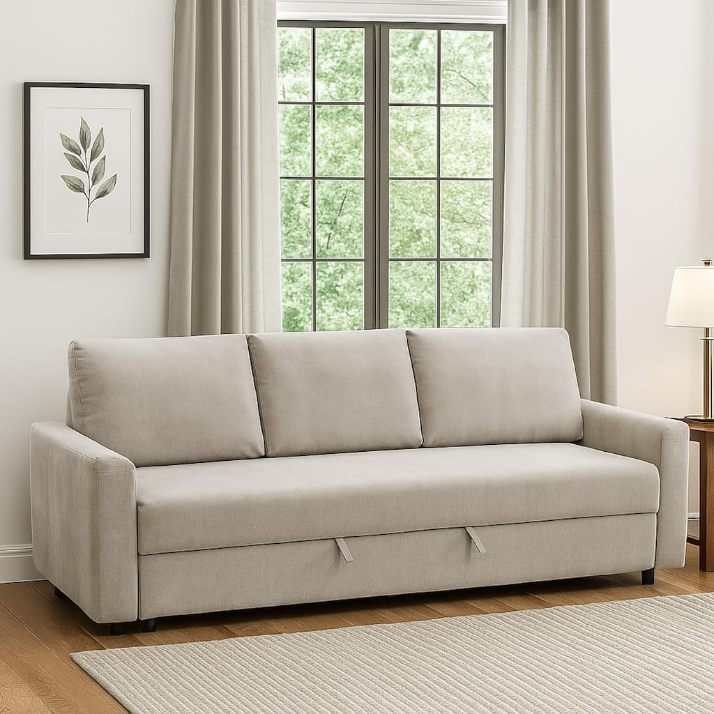 Eira Sofa with Fold Out Sleeper Full Size Bed, Beige Linen, 89 Inch
