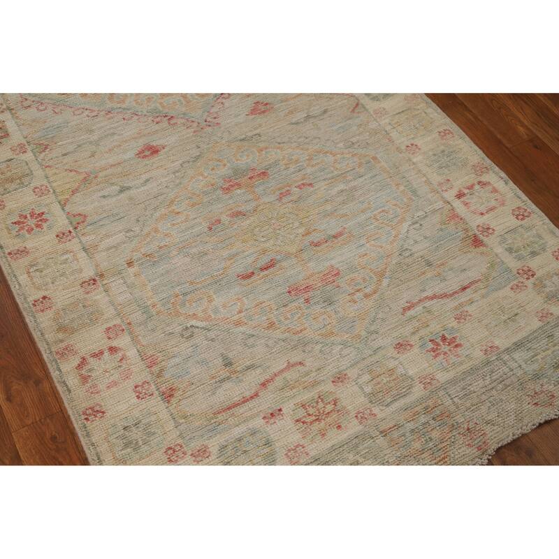 Hand Knotted Oriental 100% Wool Carpet Transitional Geometric Beige & Ivories Oushak Runner Rug - 10' 2'' X 3' 5''