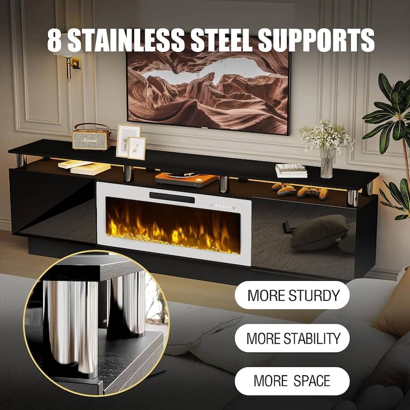 BOSSIN 80" TV Stand Entertainment Center with 36" Electric Fireplace, for TVs up to 90", High Gloss Cabinet with LED Light