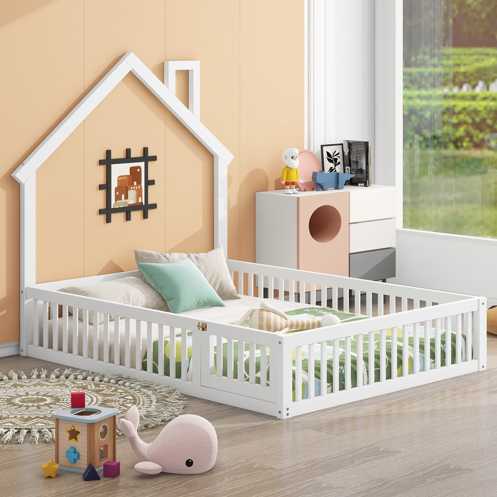 Full Size Wood House Platform Bed with Safety Guardrail for Kids