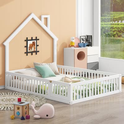 Pine Wood Full Size House Bed with 12" Guardrail, Charming Fence and Chimney Design.