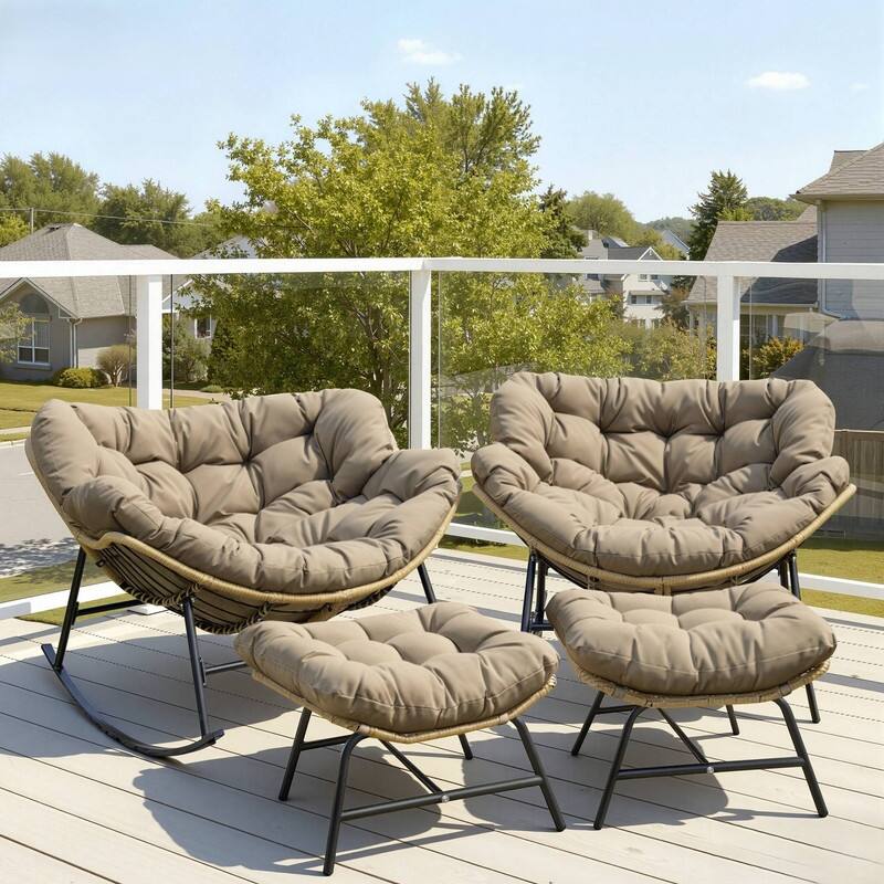 FINCATI Indoor Outdoor Royal Papasan Rocking Chair, 450 lbs Capacity Outdoor Papasan Rocking Chair with Padded Cushion - 4 PCS-Brown