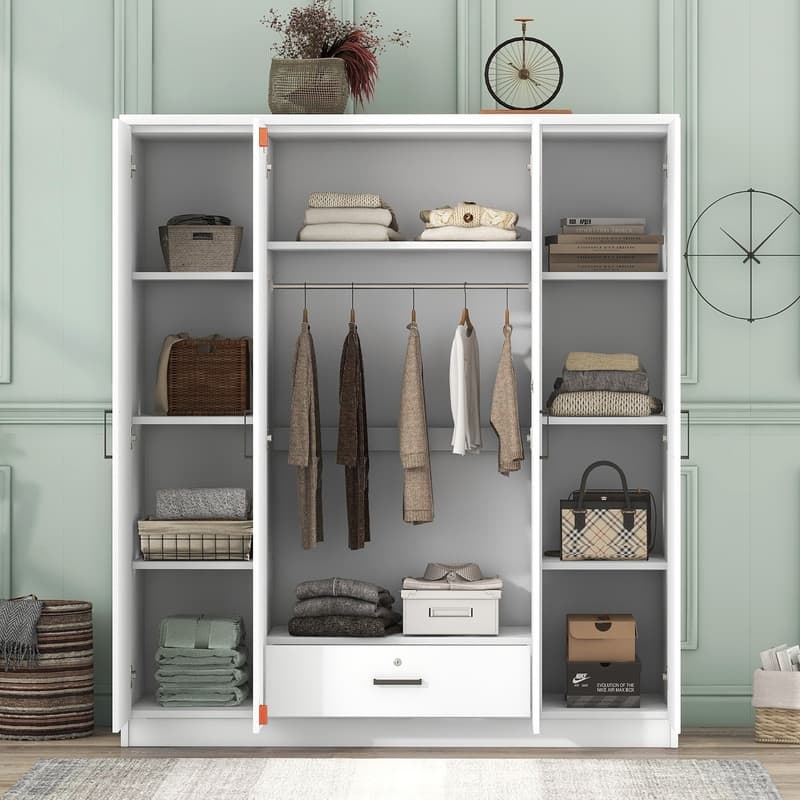 Modern 4-Door Wardrobe with 1 Drawer,7 Shelves and Hanging Rail