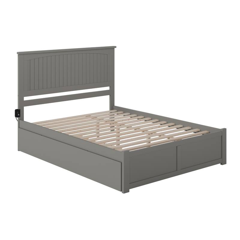 King Platform Bed with Trundle, Solid Wood Frame, Grey Finish - Includes Charger