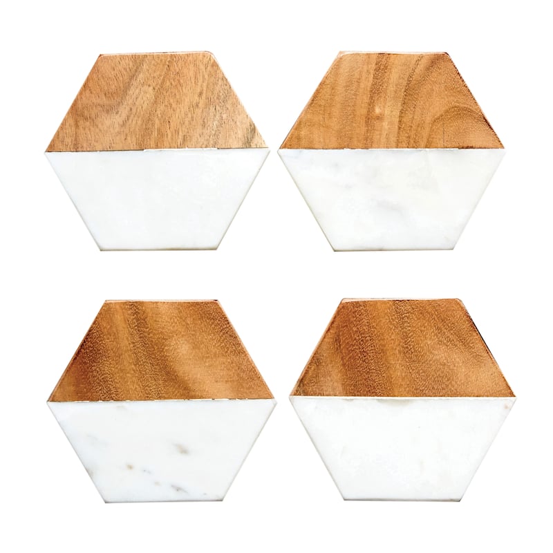 Marble & Mango Wood Hexagon Coasters - 4.0"L x 4.0"W x 0.5"H - Brown and White - 4.0"L x 4.0"W x 0.5"H