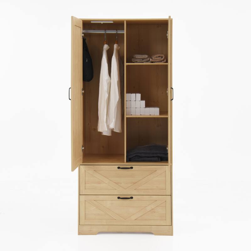 2 Door Wood Wardrobe for Bedroom with Hanging Clothing Rod inside the Cabinet and 2 Drawers for Storage Organization