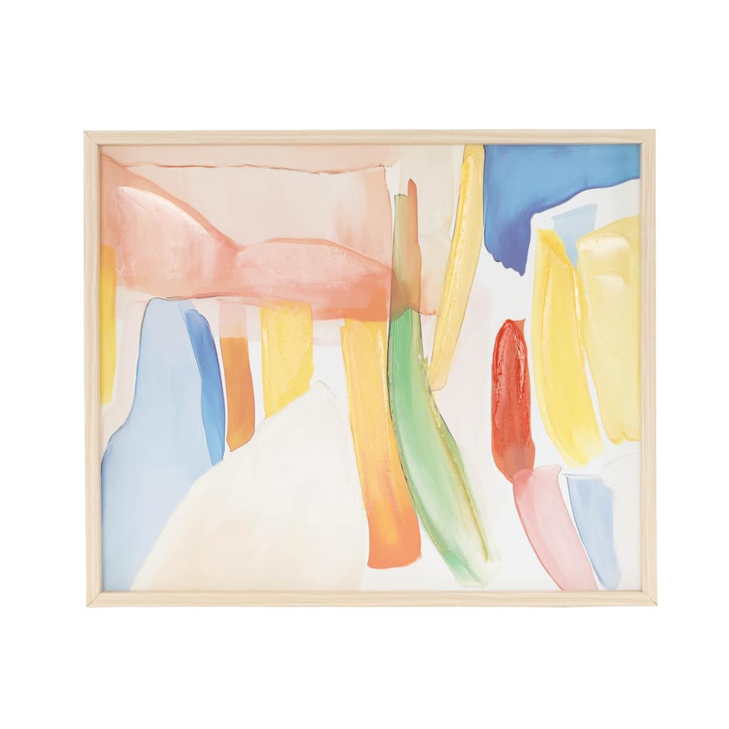 Canvas Abstract Framed Wall Art with Brushed Paint Strokes and Light Brown Frame - Multi Colored - Roche River Decor