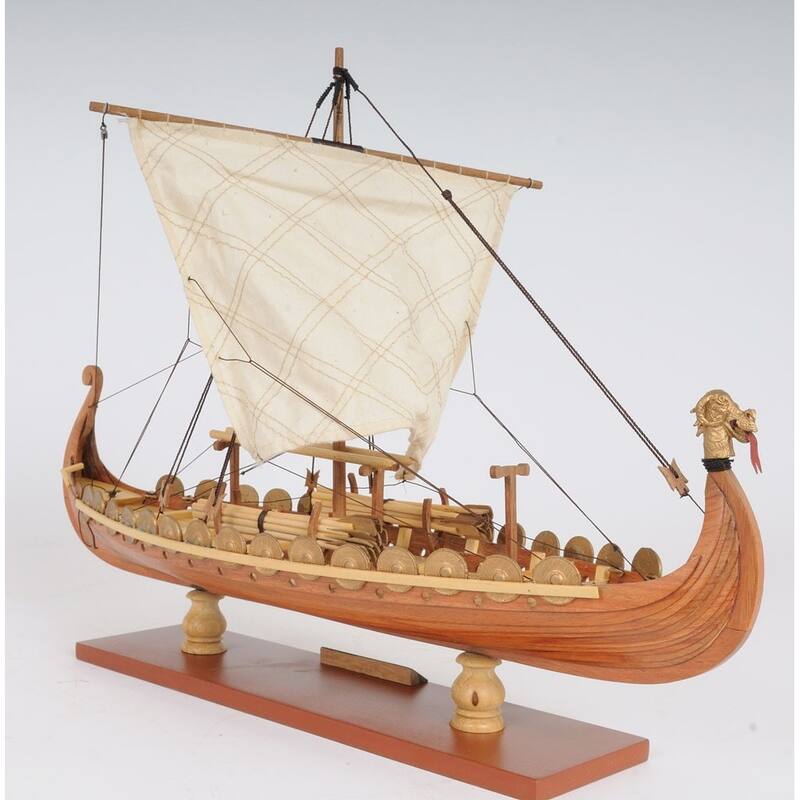 HomeRoots 13" Wood Brown Solid Wood Hand Painted Model Boat Tabletop Sculpture - 15' X '12.5' X '9