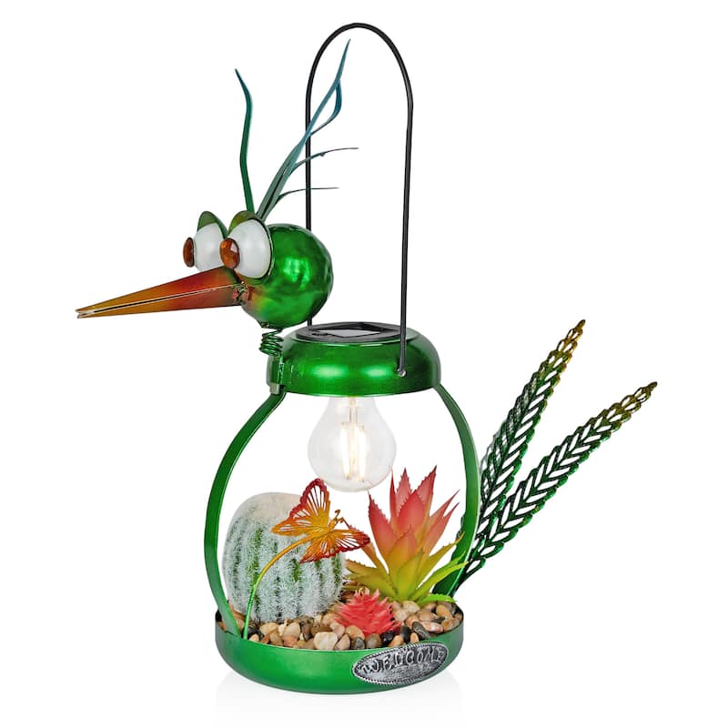 Solar Metal Silly Green Bird with Garden and LED Decor