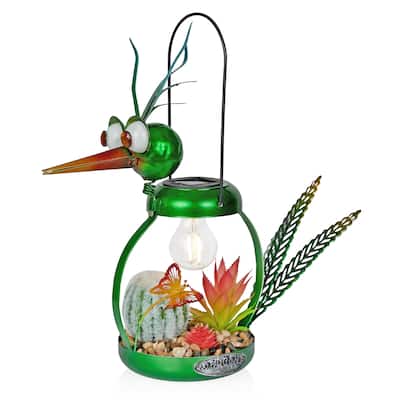 Solar Metal Silly Green Bird with Garden and LED Decor