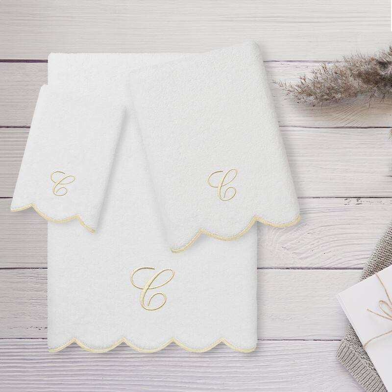 Authentic Hotel and Spa 100% Turkish Cotton Beige ADORNIA Scallop Personalized 3 Piece Towel Set - 3 Piece Set