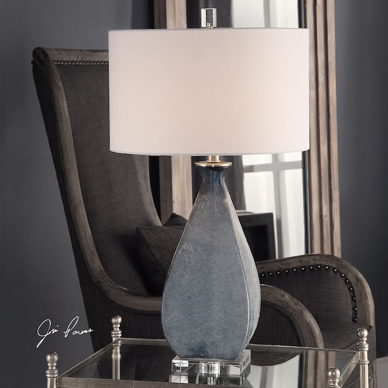 Acid Etched Glass Table Lamp with White Drum Shade - 29.25" - Blue