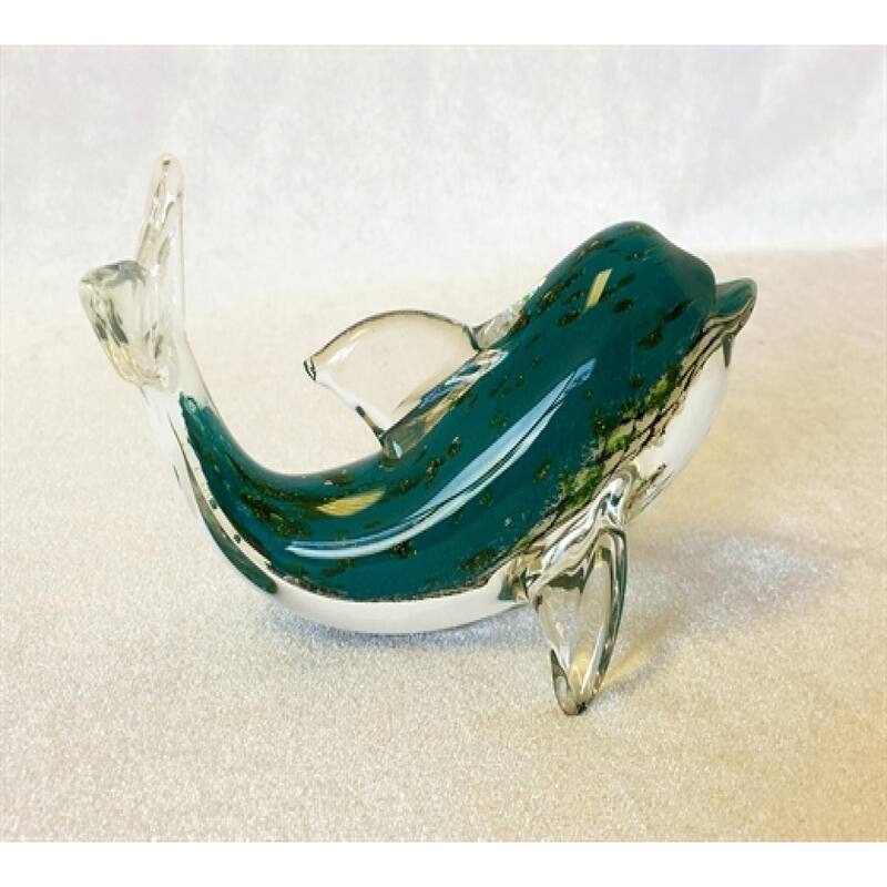 Hand Made Green And White With Clear Fins Glass Dolphin Figurine