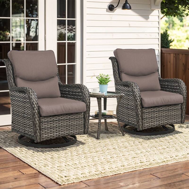 3 Pieces Outdoor Gliders Swivel Chairs with Table with 5-Inch Thick Cushions - Grey Rattan - Grey Cushion - 3PCS Swivel Chairs with Table