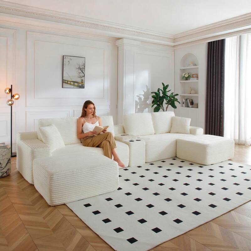 125'' U-Shaped Corduroy Sectional Sofa with Cup Holders, USB Ports and 2 Ottomans - Beige