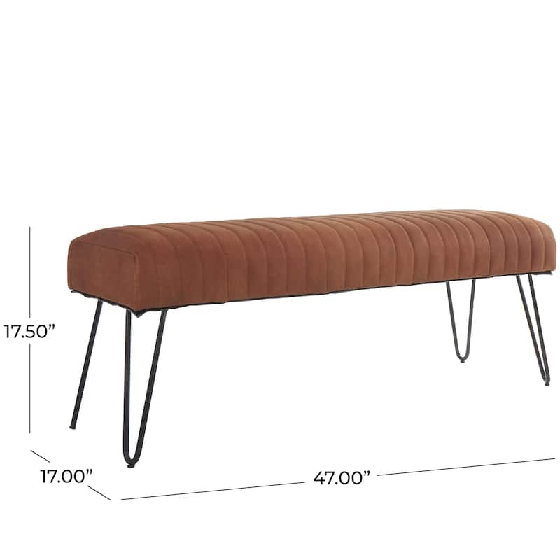 Leather Upholstered Home Bench with Linear Tufted Panels and Black Metal Hairpin Legs - Brown or Dark Brown - Roche River Decor