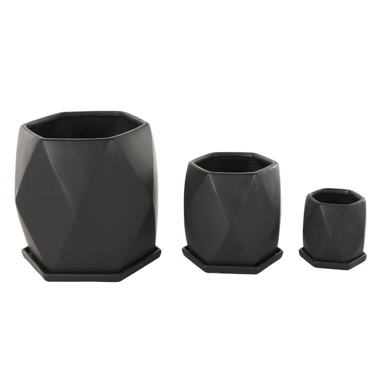 Black or White Ceramic Patterned Geometric Indoor Outdoor Planter with Attached Saucer (Set of 3)