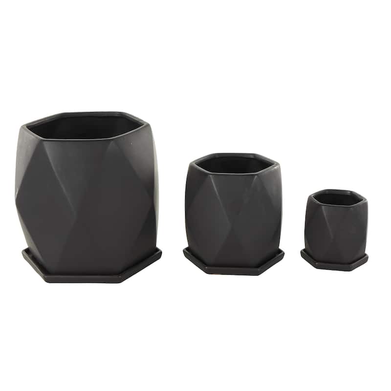 Ceramic Geometric Patterned Indoor Outdoor Planter with Attached Saucer - Set of 3 Black or White- Roche River Decor