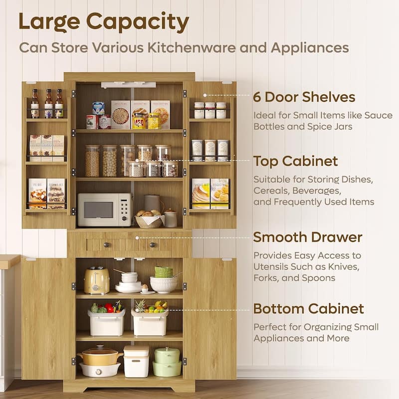 72" Tall Kitchen Pantry Cabinet with Adjustable Shelves, Door Shelves and Drawer,White Large Storage Cabinet with Sensor Light