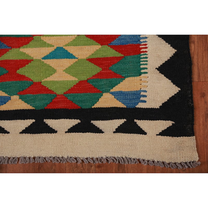 Hand Woven Oriental 100% Wool Carpet Southwestern Geometric Multi-Colored Kilim Runner Rug - 12' 8'' X 2' 8''