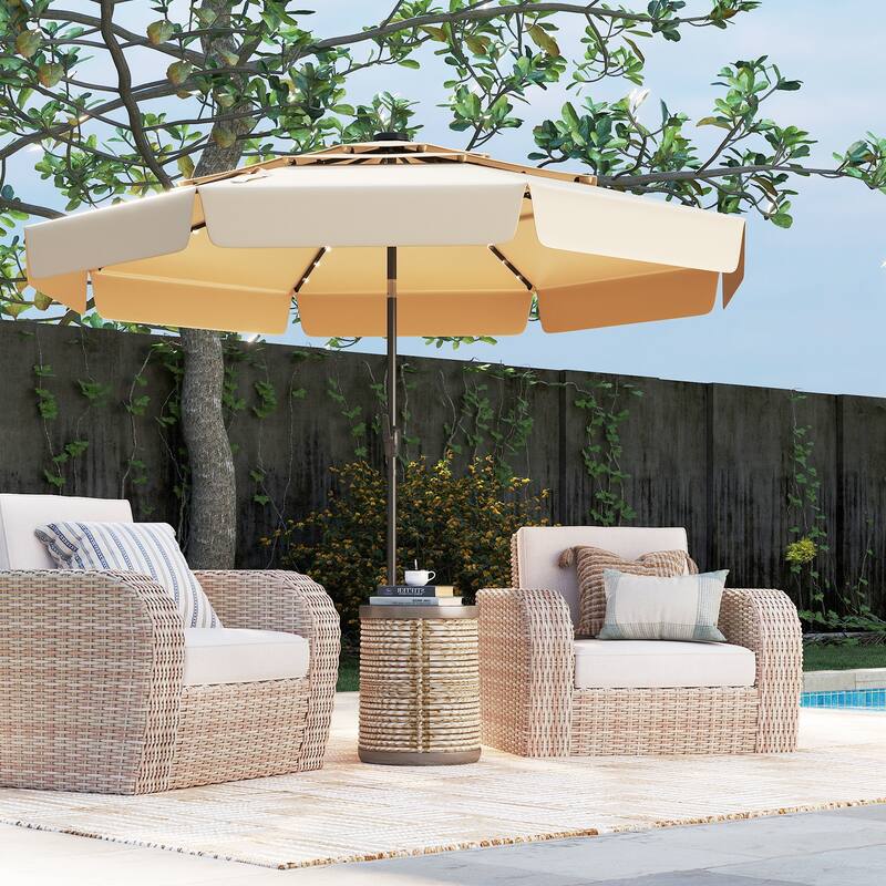 10FT Polyester Patio Umbrella with Solar Lights and Tilt Crank 3-Tier Vented Shade for Backyard - Beige