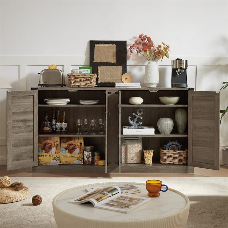 65-Inch Rustic Faux Rattan Sideboard,Barn Door Rustic Style Sideboard