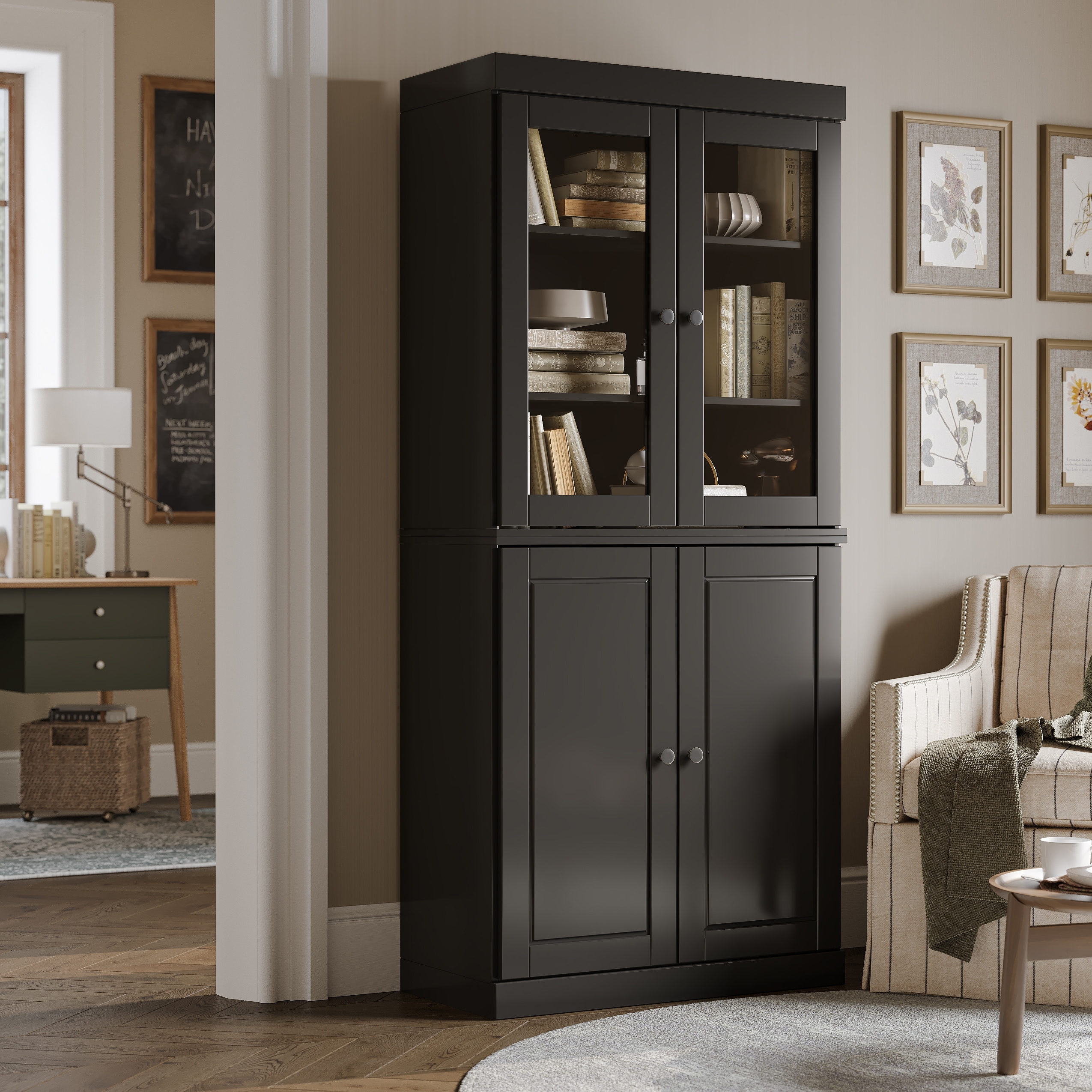 Palace Imports Solid Wood 6-Shelf Bookcase, Raised Panel Clear Glass Doors, Adjustable Shelves