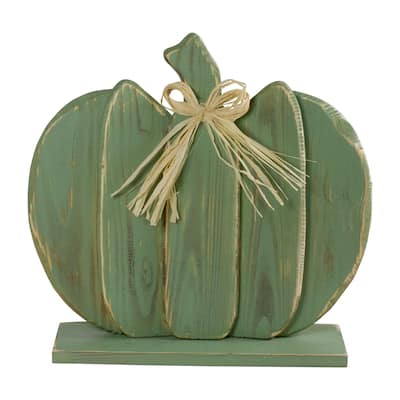 14.75" Sage Green Fall Harvest Wooden Pumpkin Bow Table Top Decoration