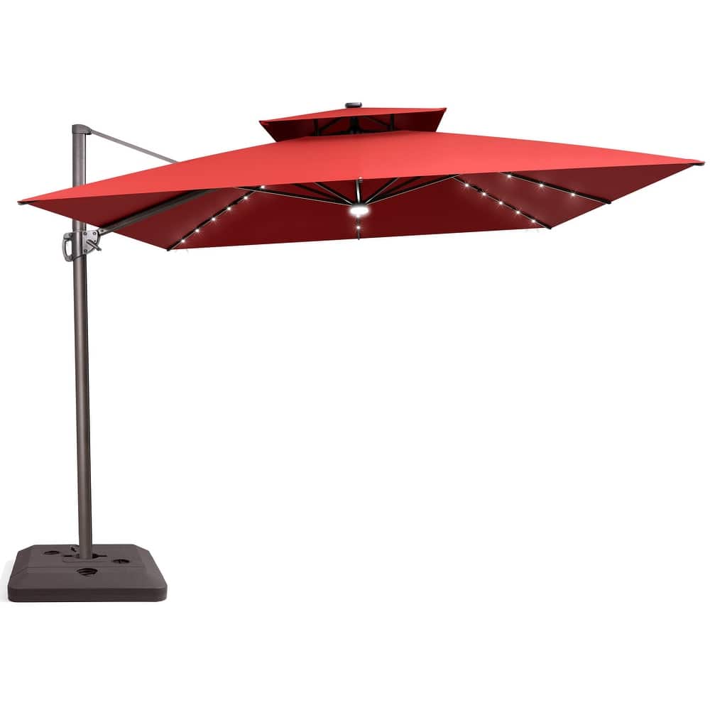 11 FT Outdoor Square Solar Powered LED Double Top Patio Cantilever Umbrella with Base Stand