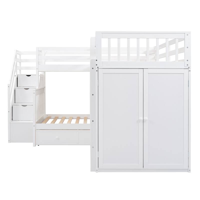 L-Shaped Bunk Bed with Storage Stairs, Fold Desk, Wardrobe, Twin - Twin Over Full Bed with Pull-out Underneath Storage Drawers