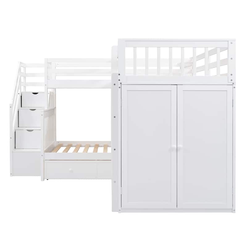 L-Shaped Twin over Full Bunk Bed with Desk, Wardrobe & 3 Drawers